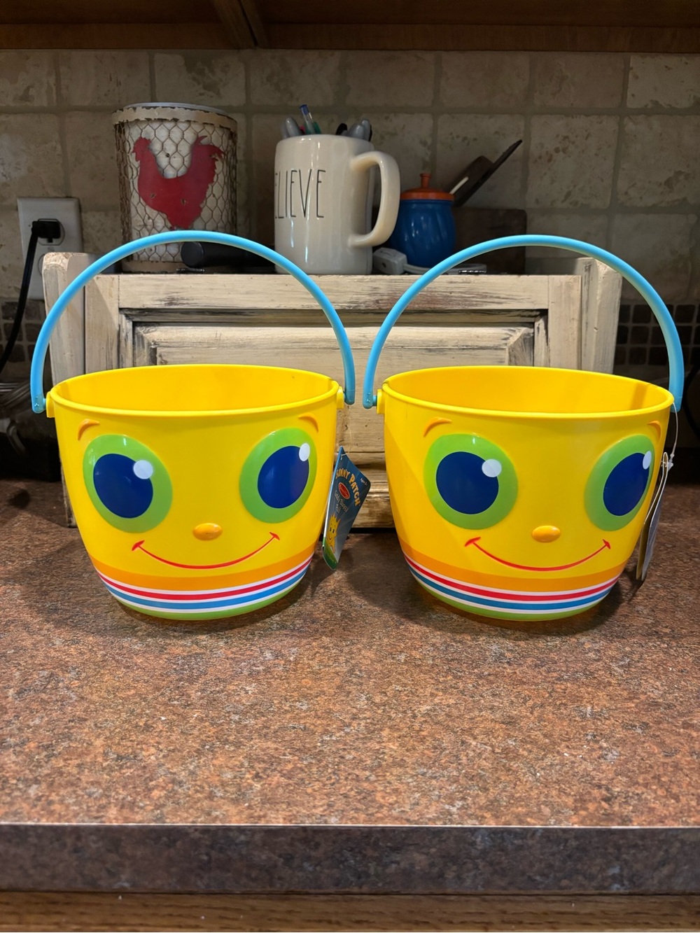 2 Melissa & Doug Sunny Patch Buckets with Blue Handles and Colorful Stripes